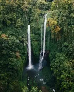 Discover the breathtaking beauty of Sekumpul Waterfall surrounded by lush jungle in Bali, Indonesia.